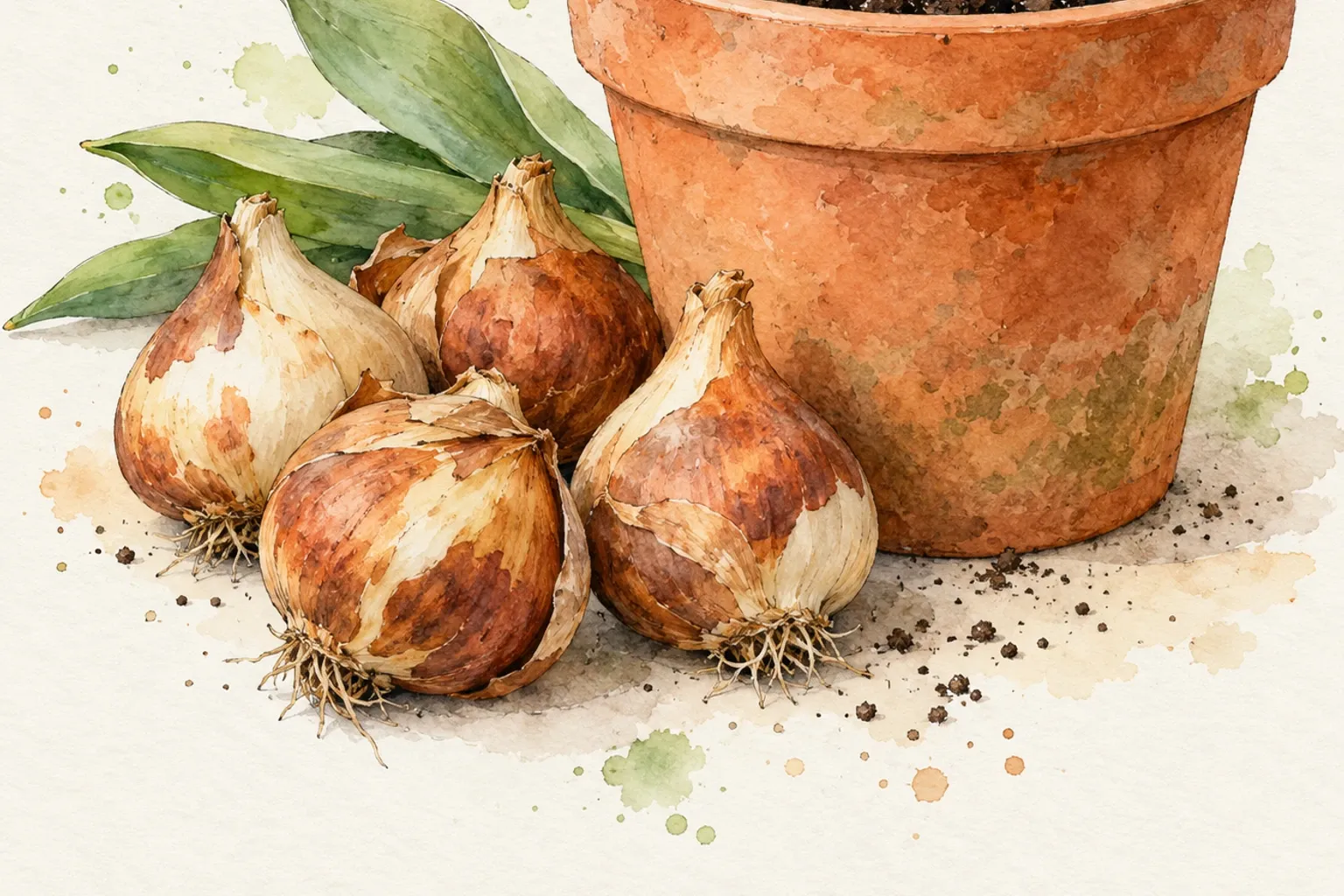 Tuinbolletjes naast terracotta pot met aarde en groene bladeren zichtbaar