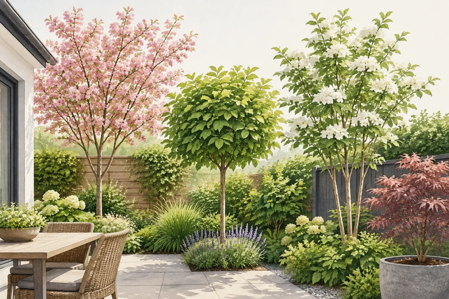 Kleine patio met gestileerde leiboom, bloeiende sierkers, witte bloesem en tuinmeubelset