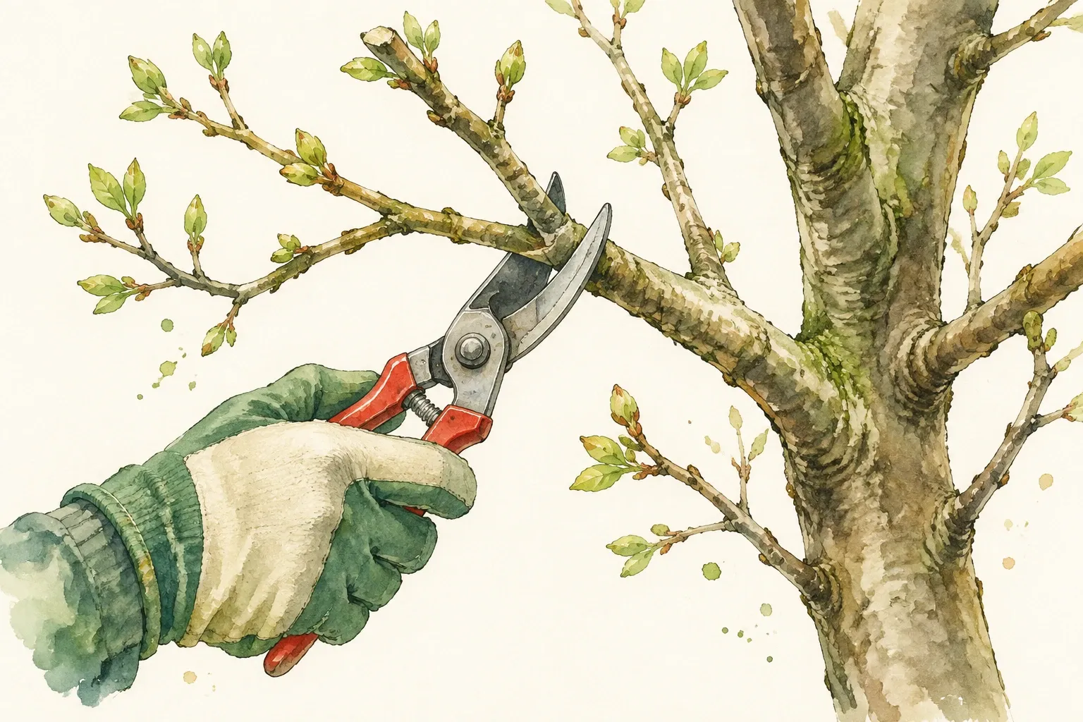 Handschoen met snoeischaar knipt dunne tak van boom in lentegroen licht
