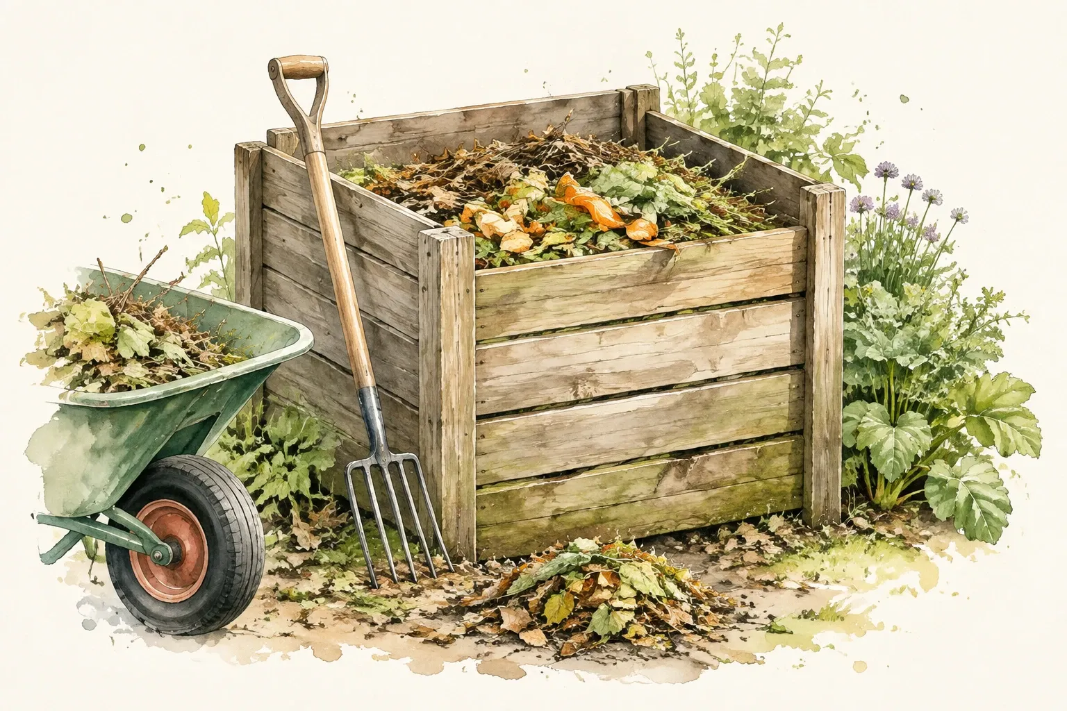 Houten compostbak met tuinvork, kruiwagen en bladeren klaar voor composteren