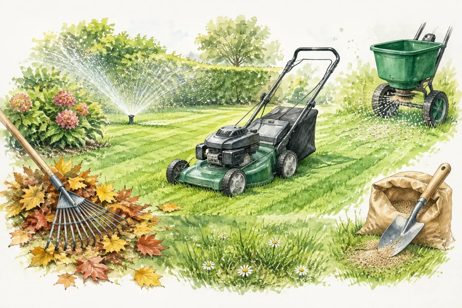 Grasmaaier op gazon met sprinkler, hark, bladhoop, strooier en tuinschep