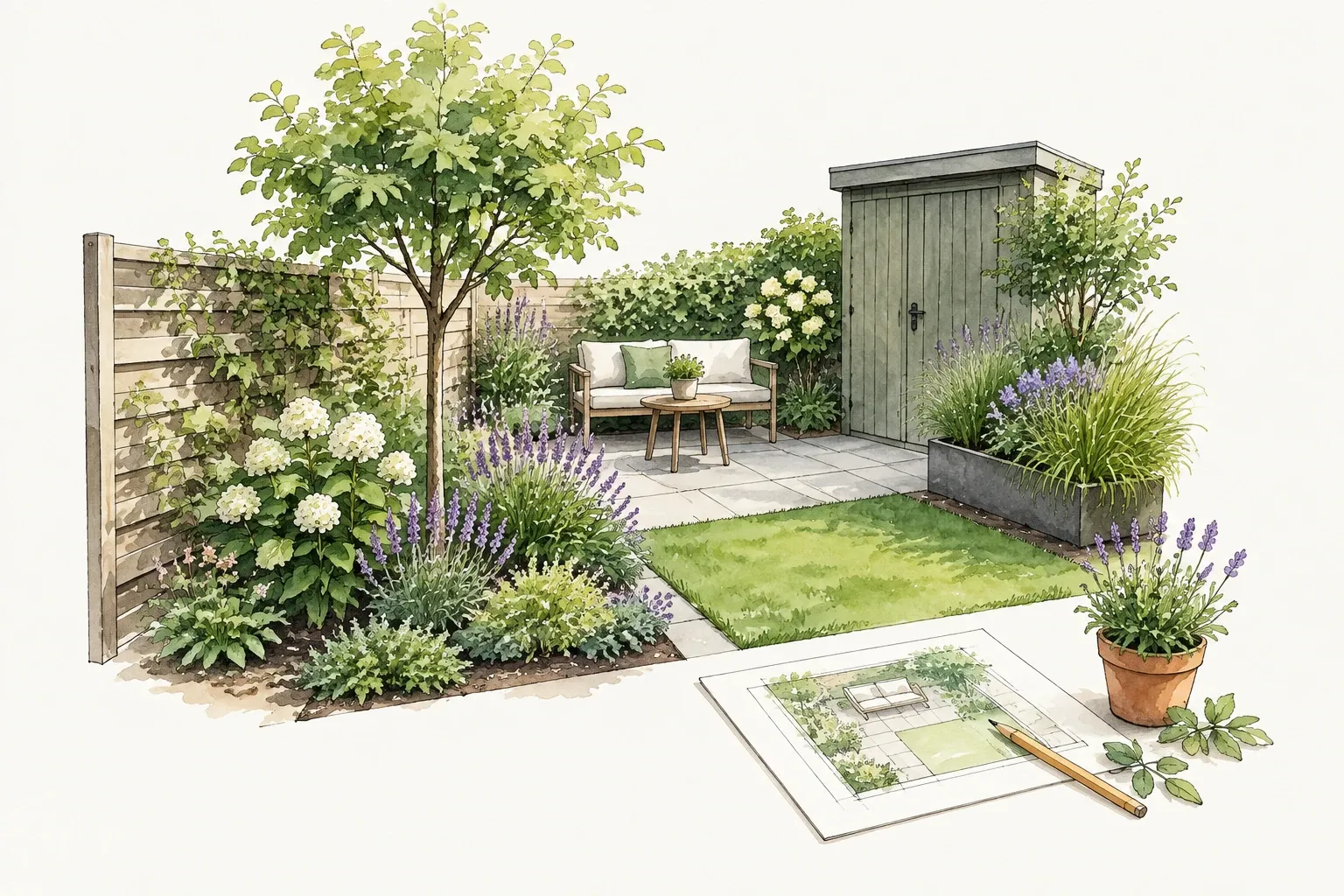 Kleine achtertuin met zithoek, schuur, lavendel, hortensia's en geplande tuinontwerp op tafel