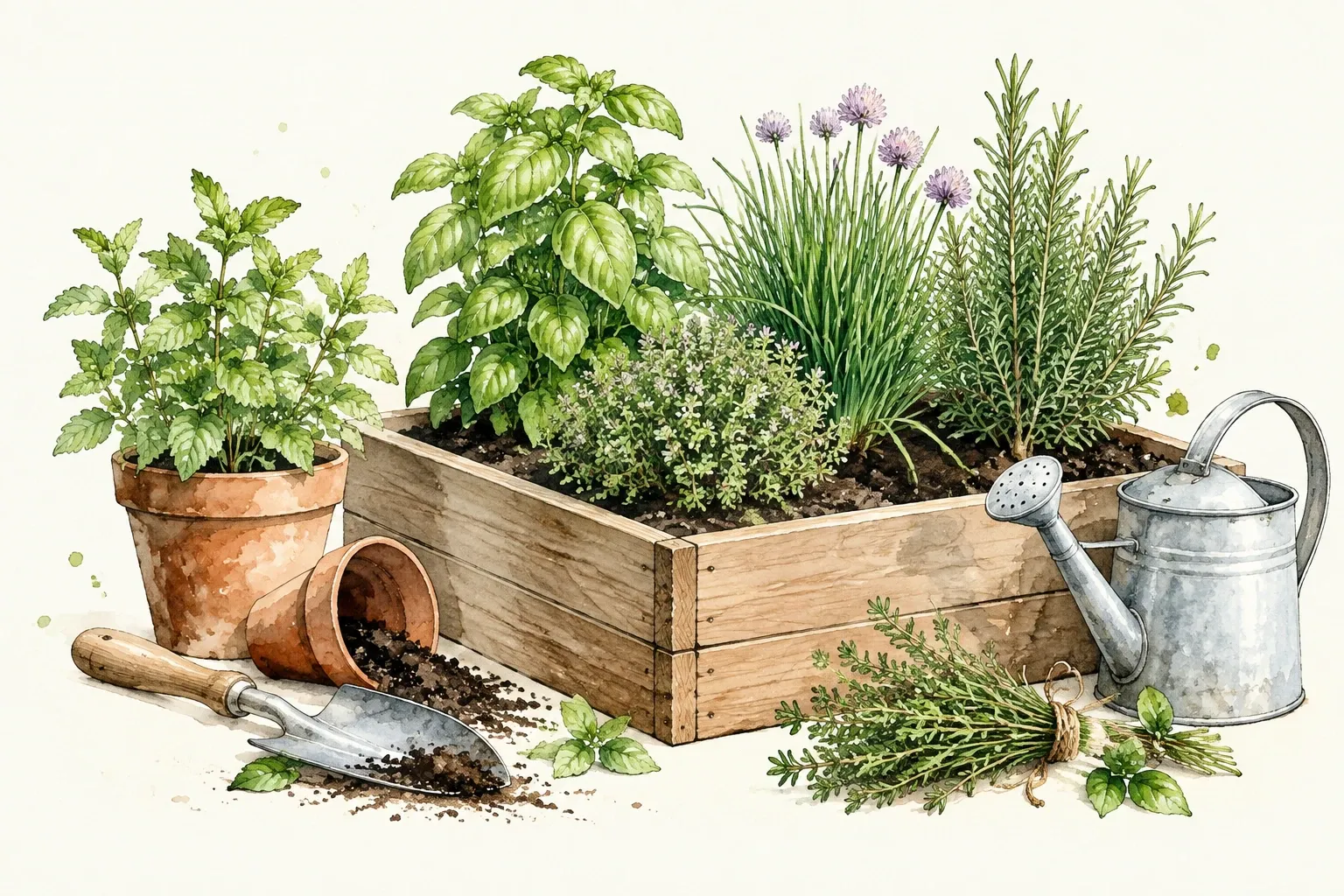 Houten verhoogde bak met kruiden (basilicum, tijm, bieslook, rozemarijn) en tuingereedschap