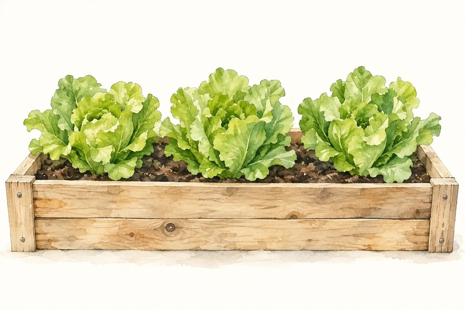 Houten verhoogde bak met drie groene koolsla planten in donkere tuingrond