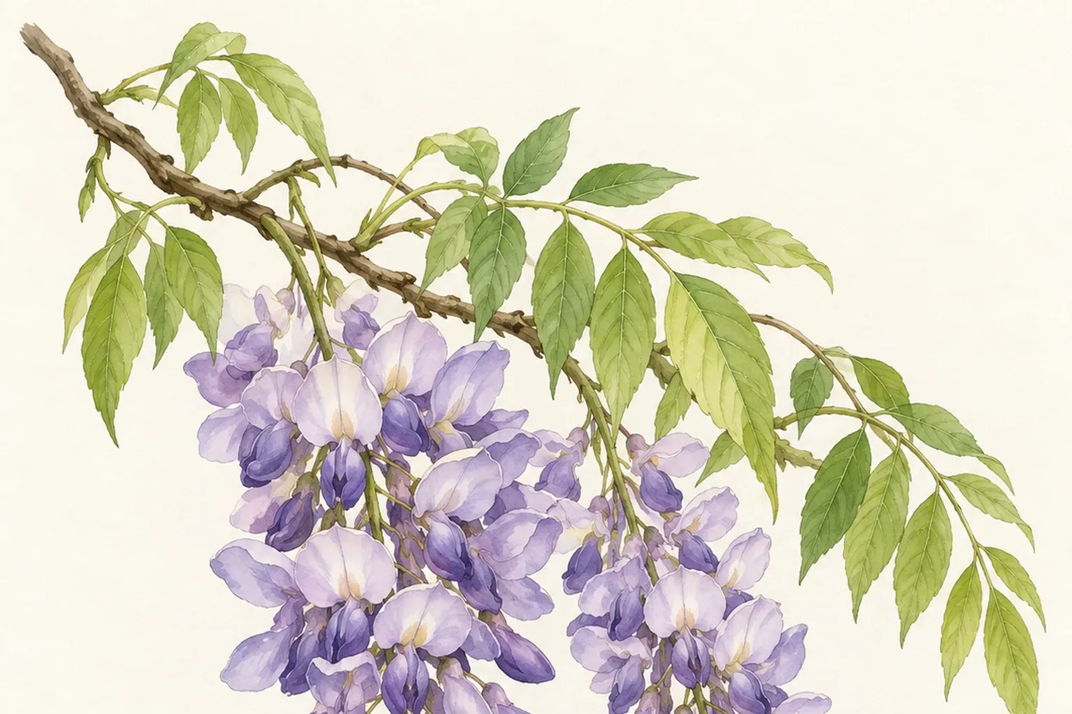 Tak met paarsblauwe bloemtrossen van blauwe regen en groen loof