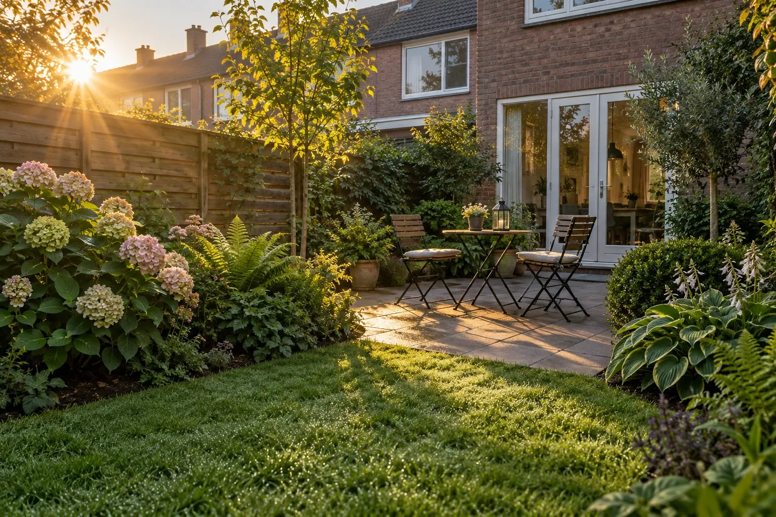 Kleine achtertuin met groen gazon, bloeiende hortensia's en tuinset op terras