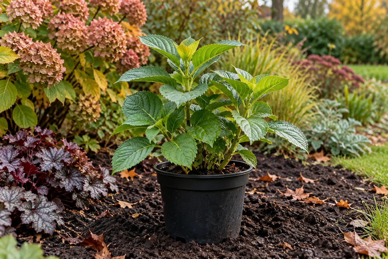 Hortensia in zwarte pot op verse grond tussen herfstkleurige tuinplanten